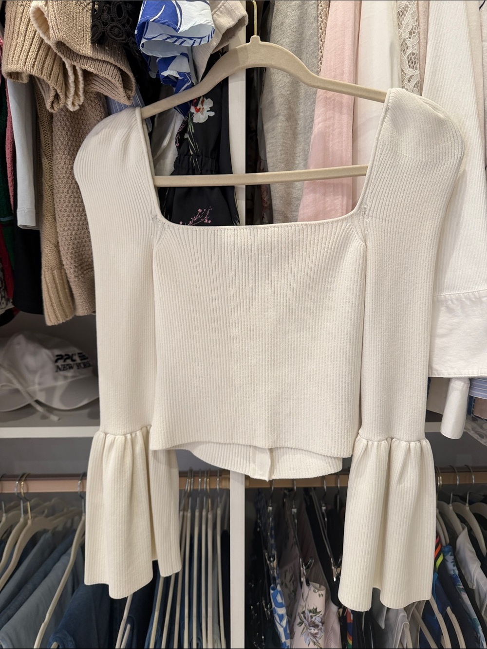 Self-Portrait Cream Ribbed Button-Front Knit Top - Picture 9 of 11